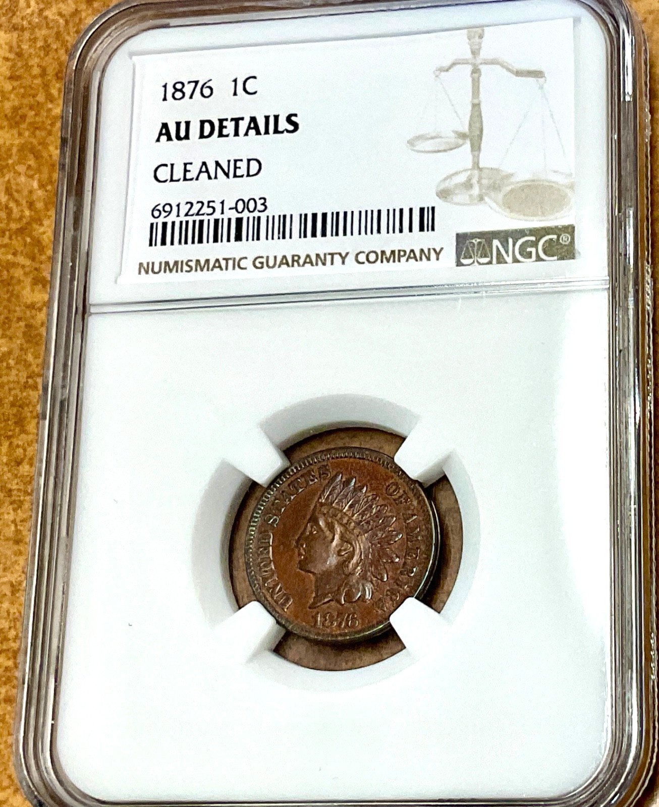 1876 Indian Head Cent - NGC AU Details - lightly cleaned.