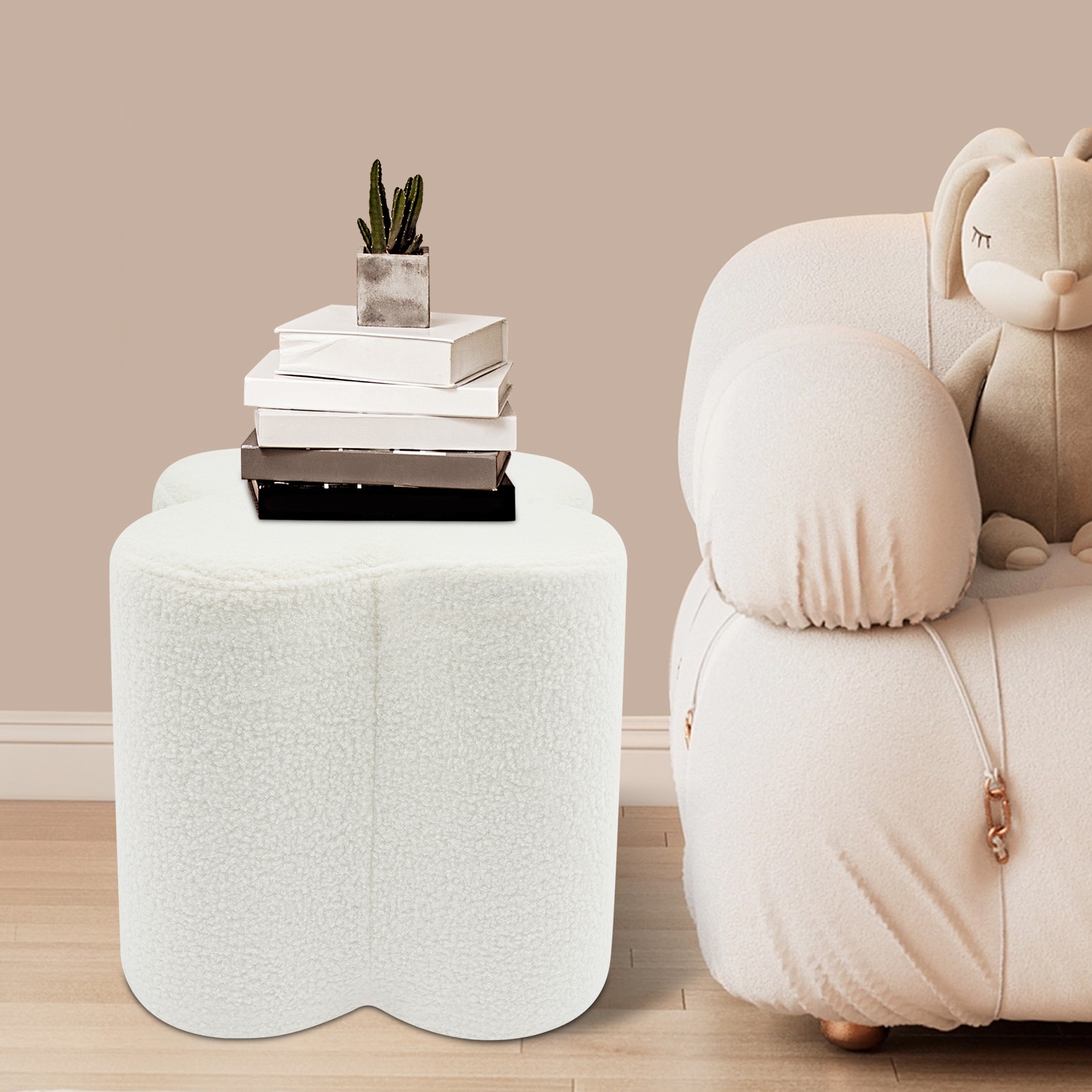 14.96*15.74“ White Flower Pouf Ottoman Vanity Stool For Living Rooms Bedrooms