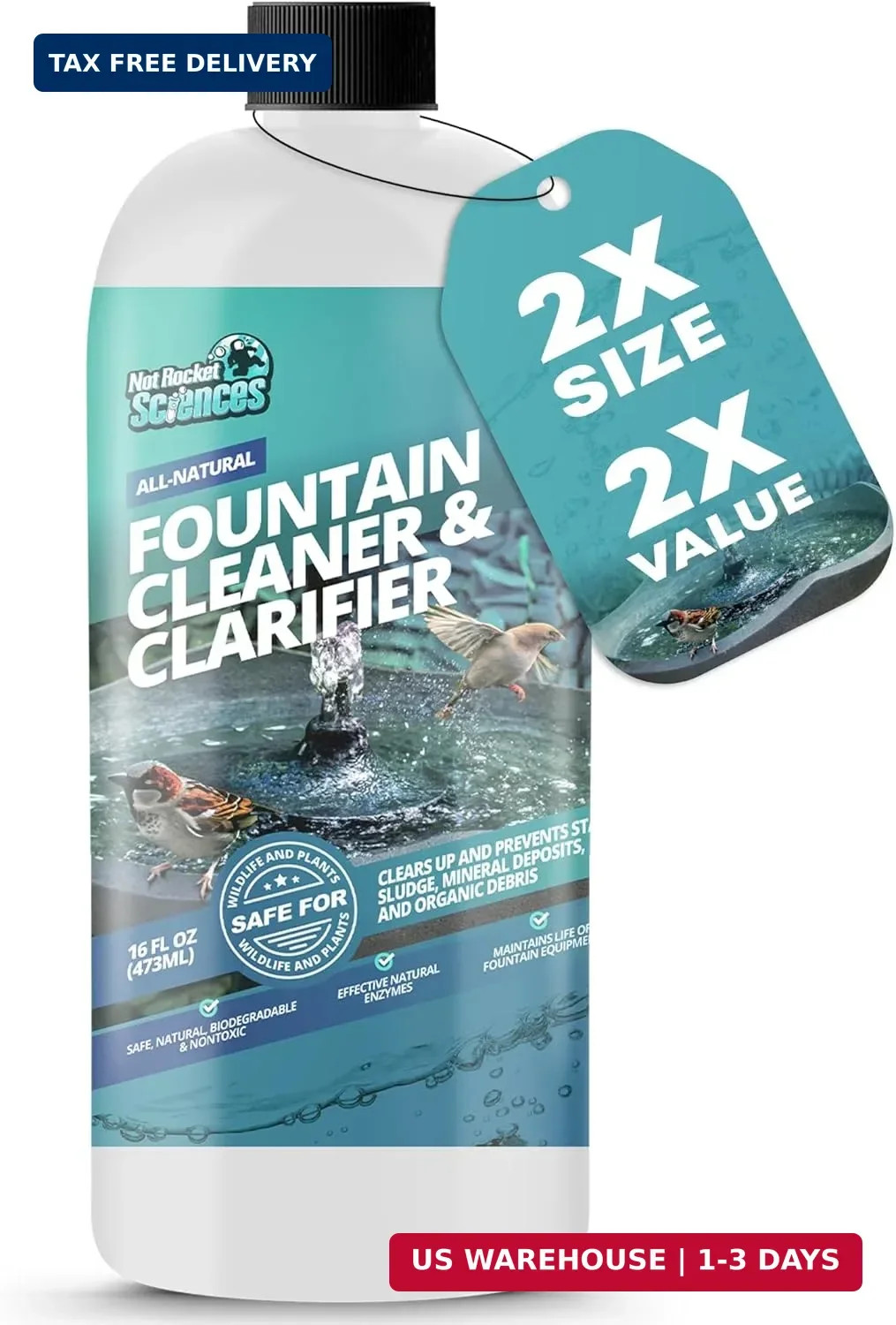 16oz Water Fountain Cleaner - Cleans 80 Gallons of Water, Bird Bath Cleaner Safe