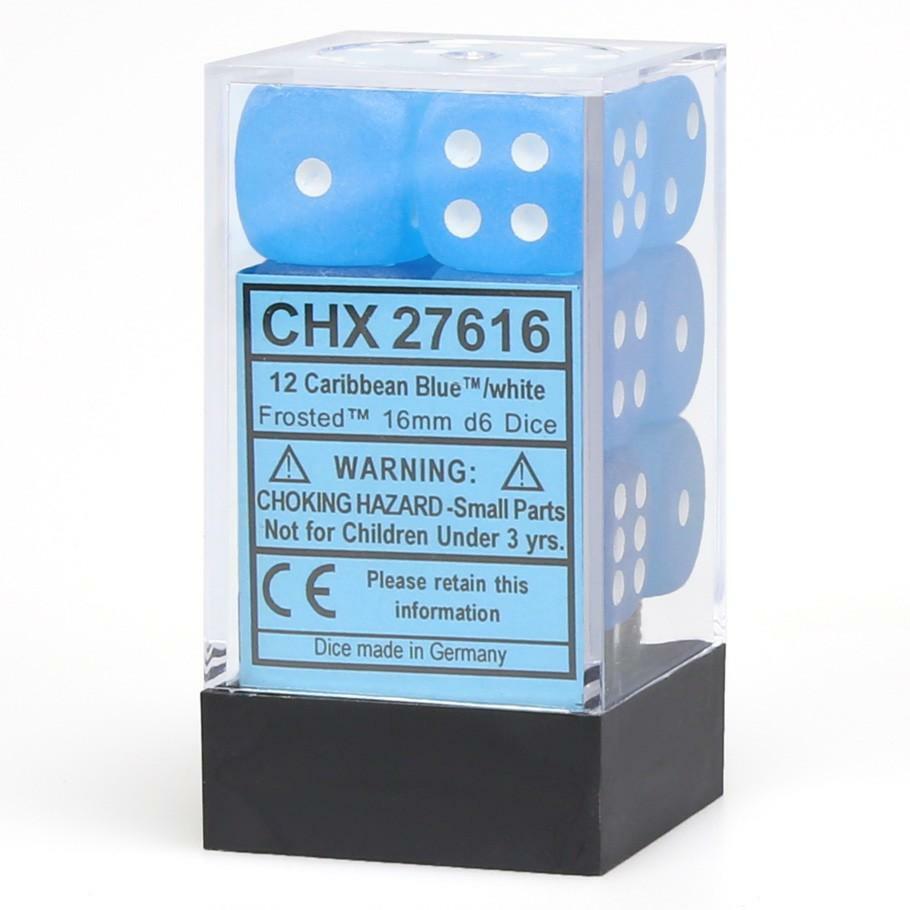 Chessex Frosted Caribbean Blue / White 12 Dice Set - 6 Sided 16mm d6 Dice Block