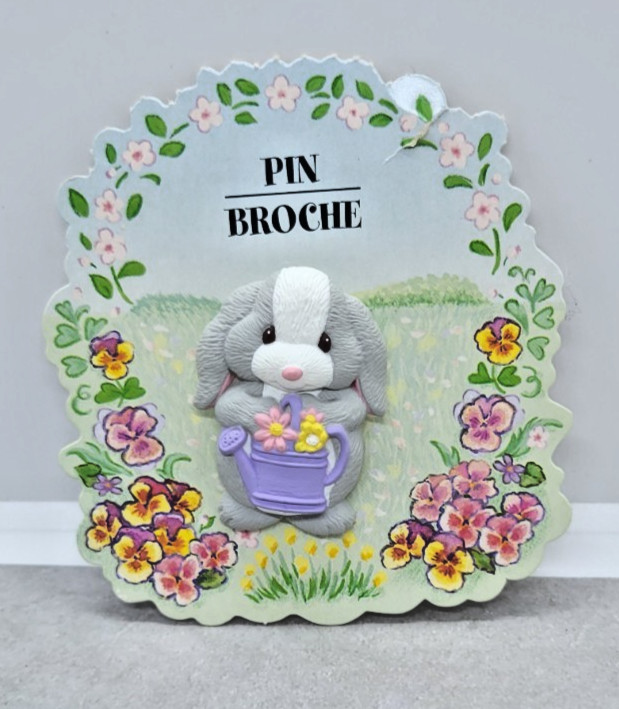 Hallmark Easter Pin Brooch Grey Rabbit Bunny Spring Flowers Watering Pail 2 Inch