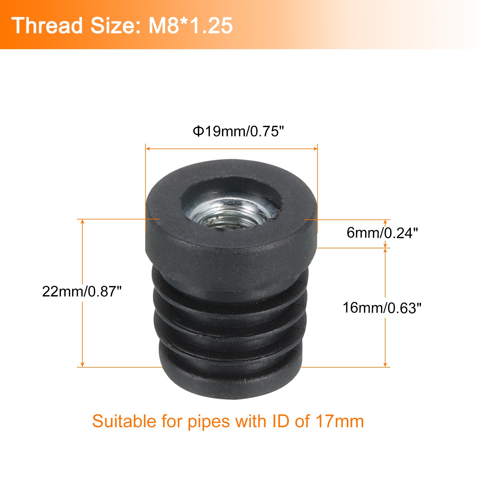 4Pcs Caster Insert with Thread, 19mm/0.75" M8 Thread for Furniture