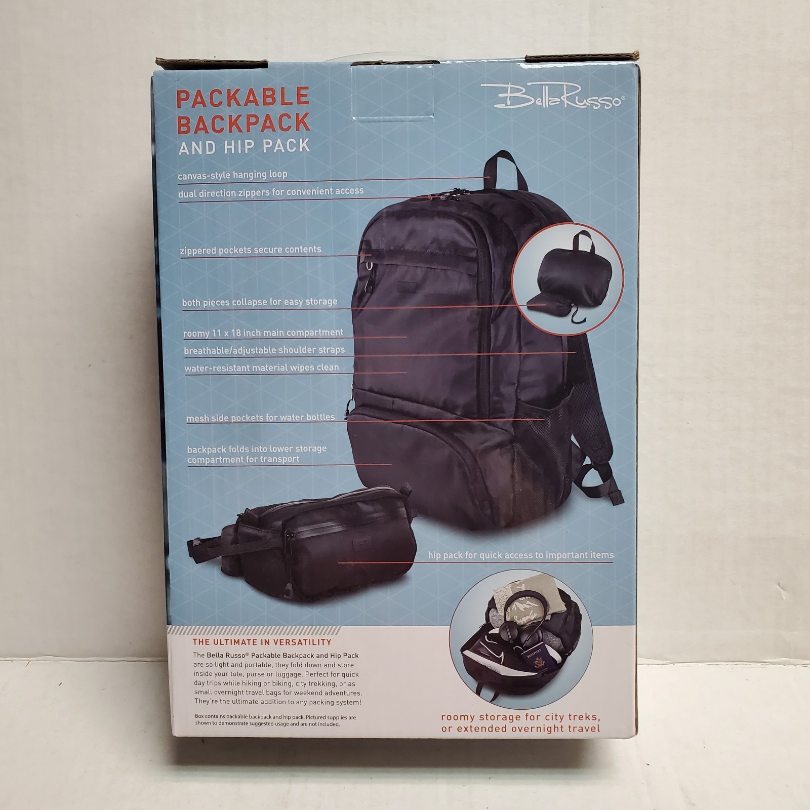 Bella Russo Packable Backpack And Hip Pack New Black Water Resistant Lightweight