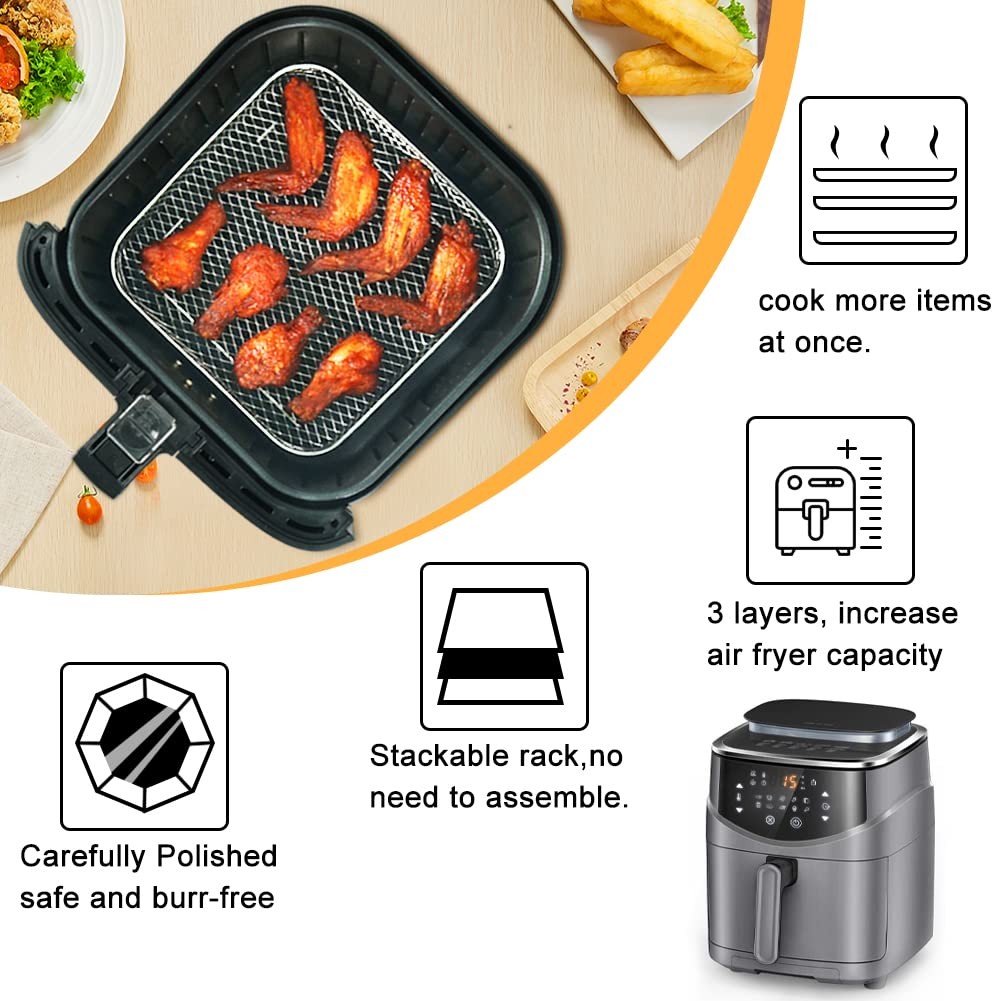 BYKITCHEN 8 inch Square Air Fryer Rack, 3pcs Stackable for 6-7.5 QT, Silver