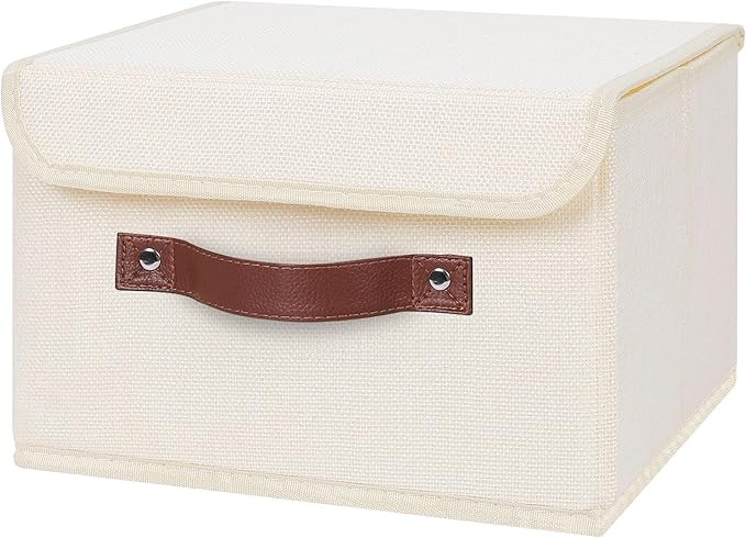 Storage Bin Lid PU Leather Handle Foldable Cotton Linen Beige Small