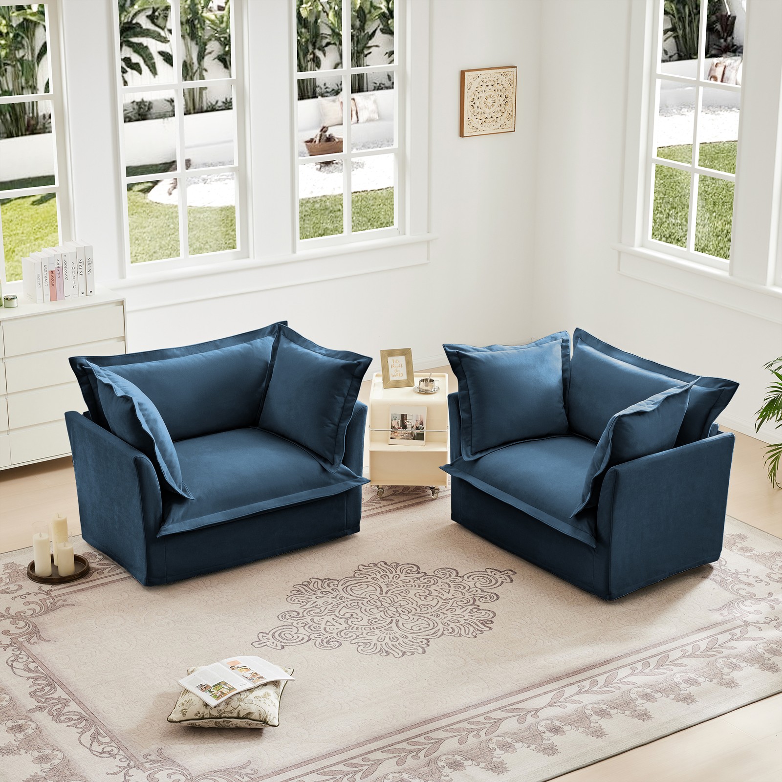 2-Slipcovered Armchairs Set, Deep Seat Accent Chairs, Chenille Fabric, Blue