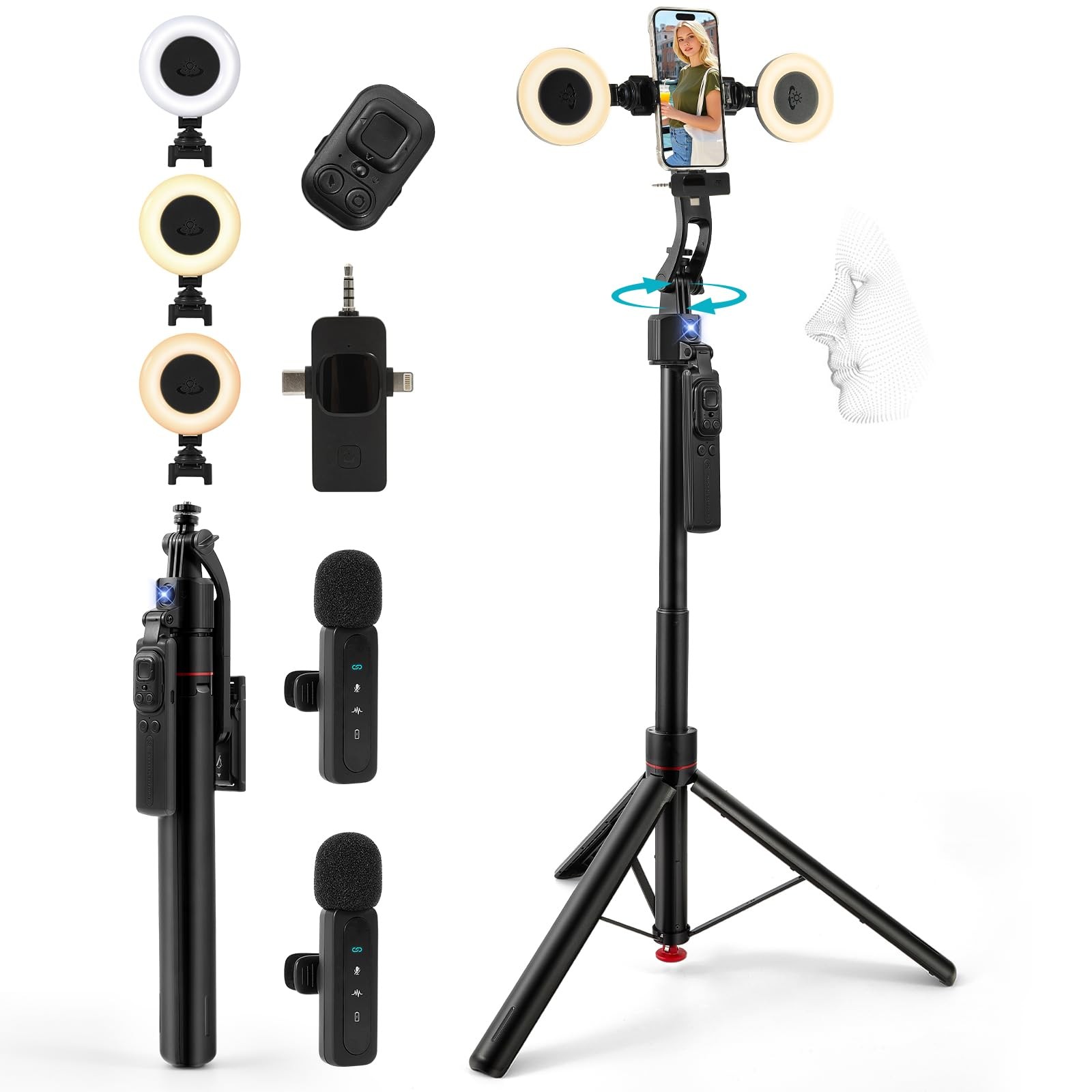 Heliora Vlogging Kit for iPhone/Android, 70”Auto Face Tracking Tripod Black