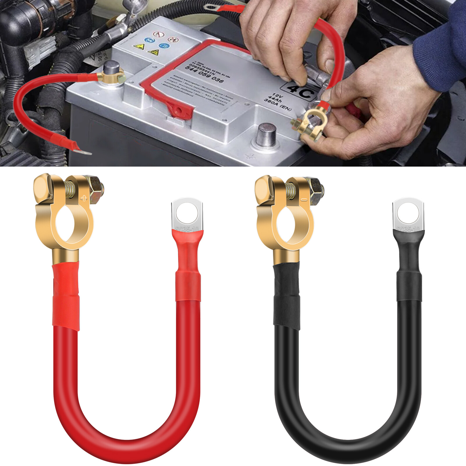 30cm/12in 2AWG Battery Cables with 3/8" Tinned Copper Terminals for 12V-24V Car