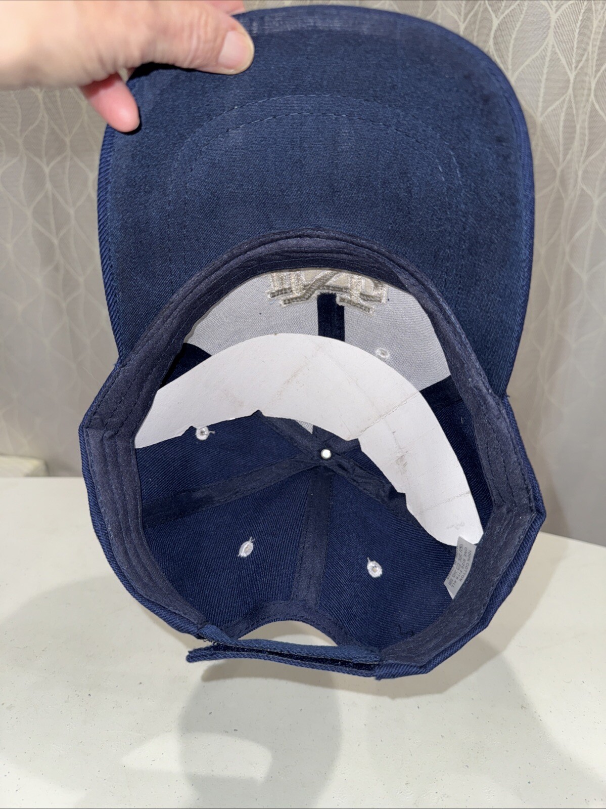 Notre Dame Interlock ND in White Silver on Navy Hat Cap Cotton Hook Loop EUC