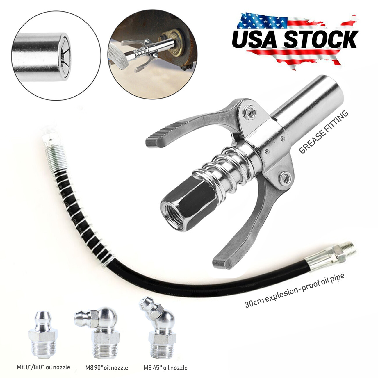 High Pressure Quick Release Grease Gun Coupler Coupling End Fitting 1/8” NPT Kit