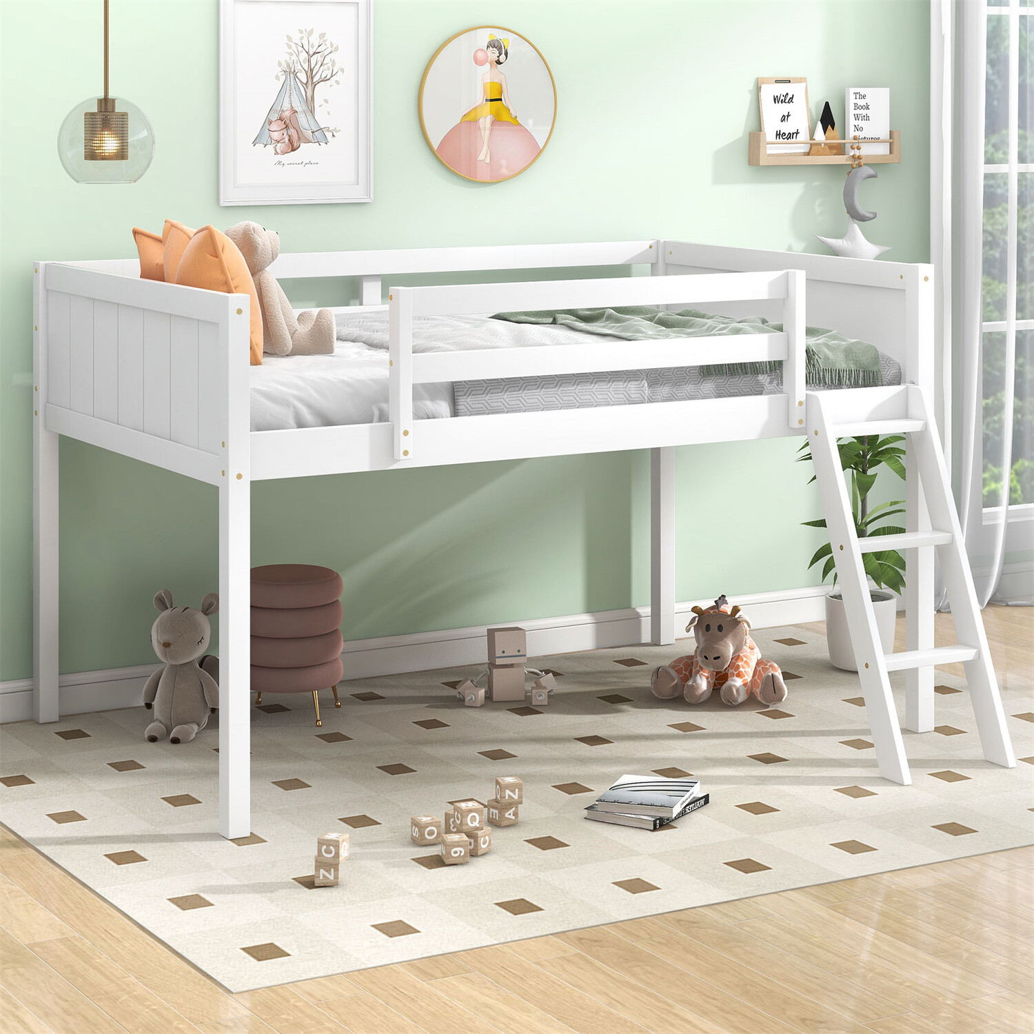 Twin Size Wood Loft Bed Wooden Bed Frame with Ladder for Bedroom White/Gray