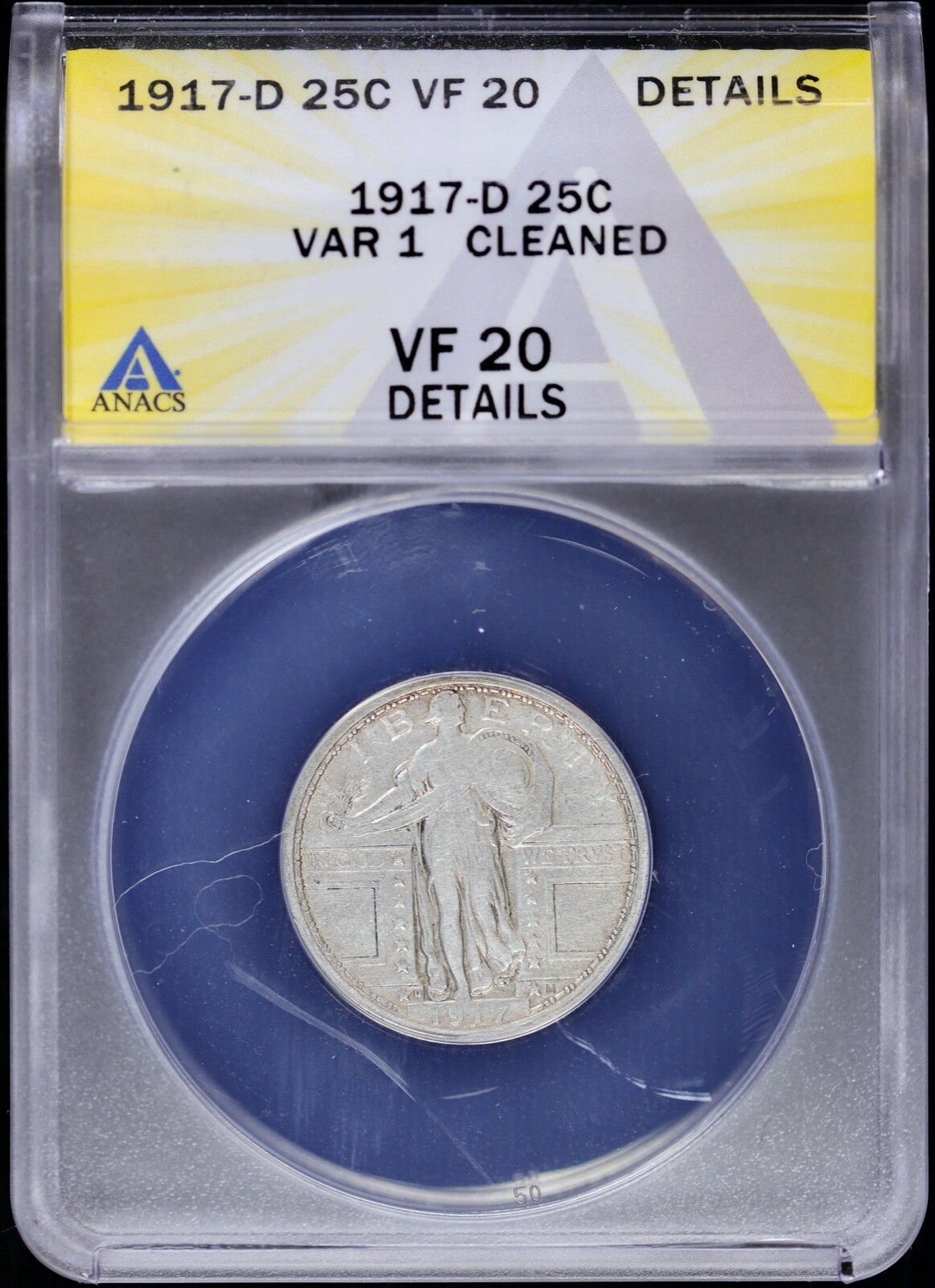 1917-D Standing Liberty Quarter SLQ 25c ANACS VF 20 Details Type Variety 1