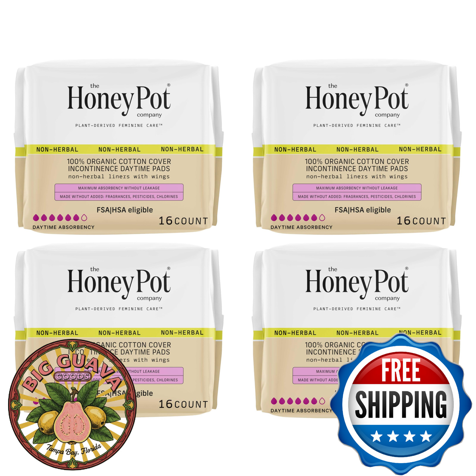 Honey Pot Co. Incontinence Pads Women 64-Ct Daytime Organic Cotton Leak Protecti