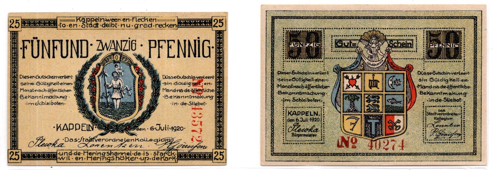 1920 Germany Kappeln Notgeld 2 Note Set (2146)