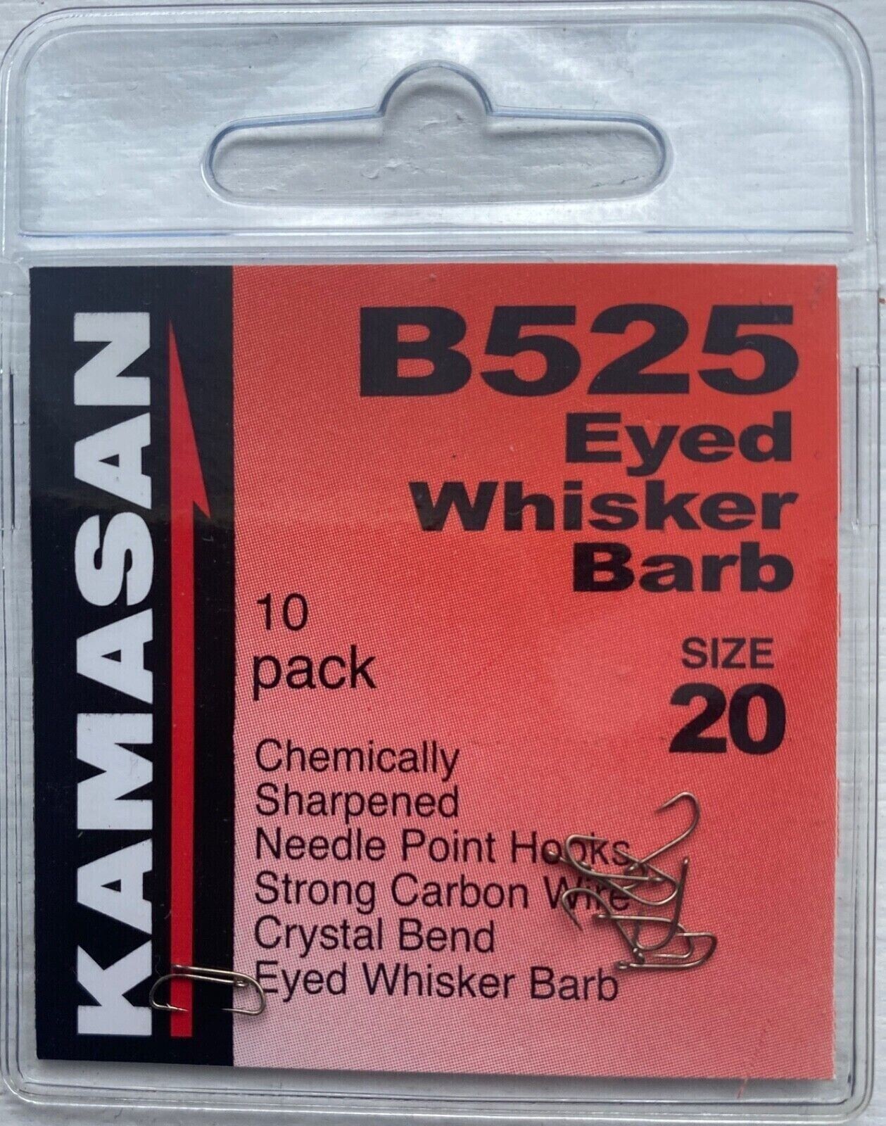 KAMASAN B525 EYED WHISKER BARB HOOKS 20's (K18)