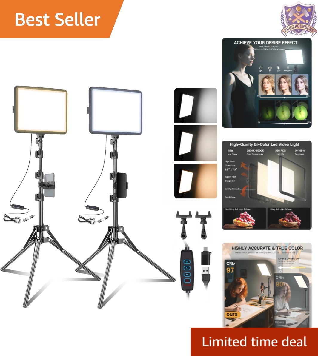 2-Pack LED Video Light Kit Dimmable Studio Lights with Tripod and Phone Hold