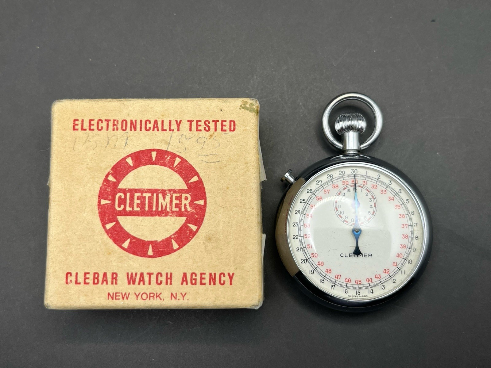 Vtg Cletimer Stopwatch With Box Works Swiss Mechanical Wind-Up Face Loose - Read