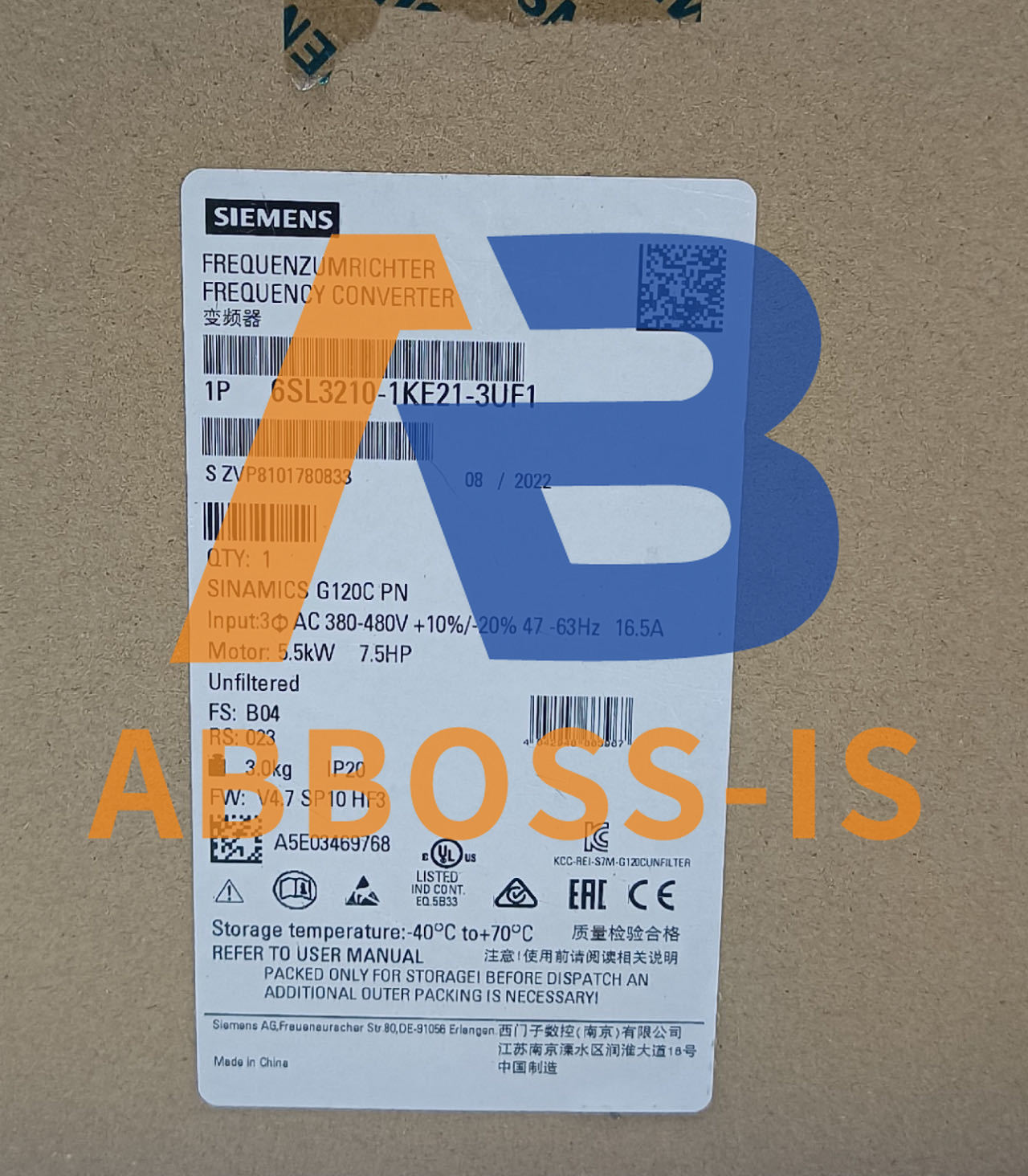 Siemens 6SL3210-1KE21-3UF1 SINAMICS G120C 5.5KW Converter 6SL3 210-1KE21-3UF1