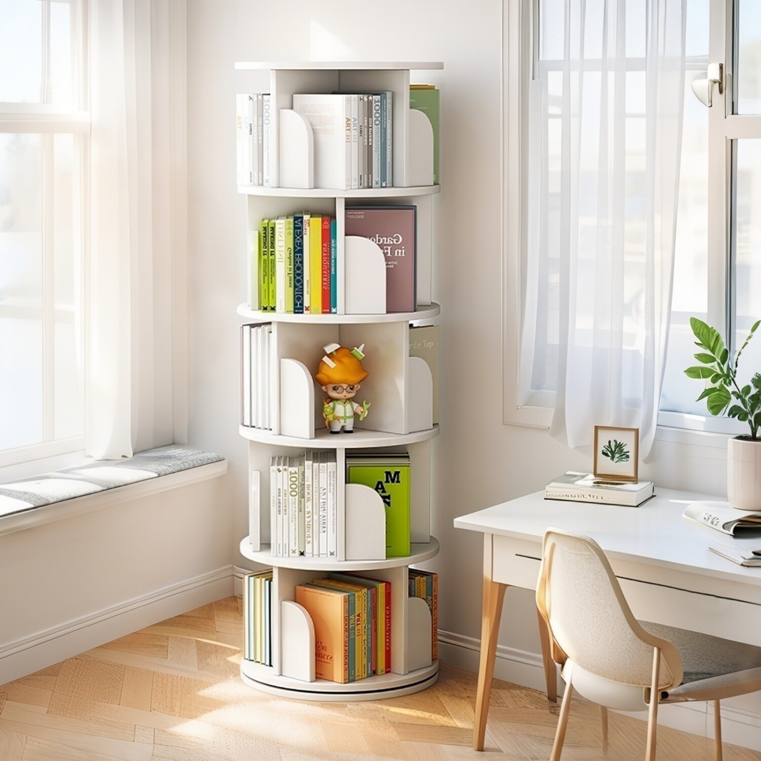 5 Tier 360° Rotating Bookshelf Freestanding Bookcase Storage Display Rack White