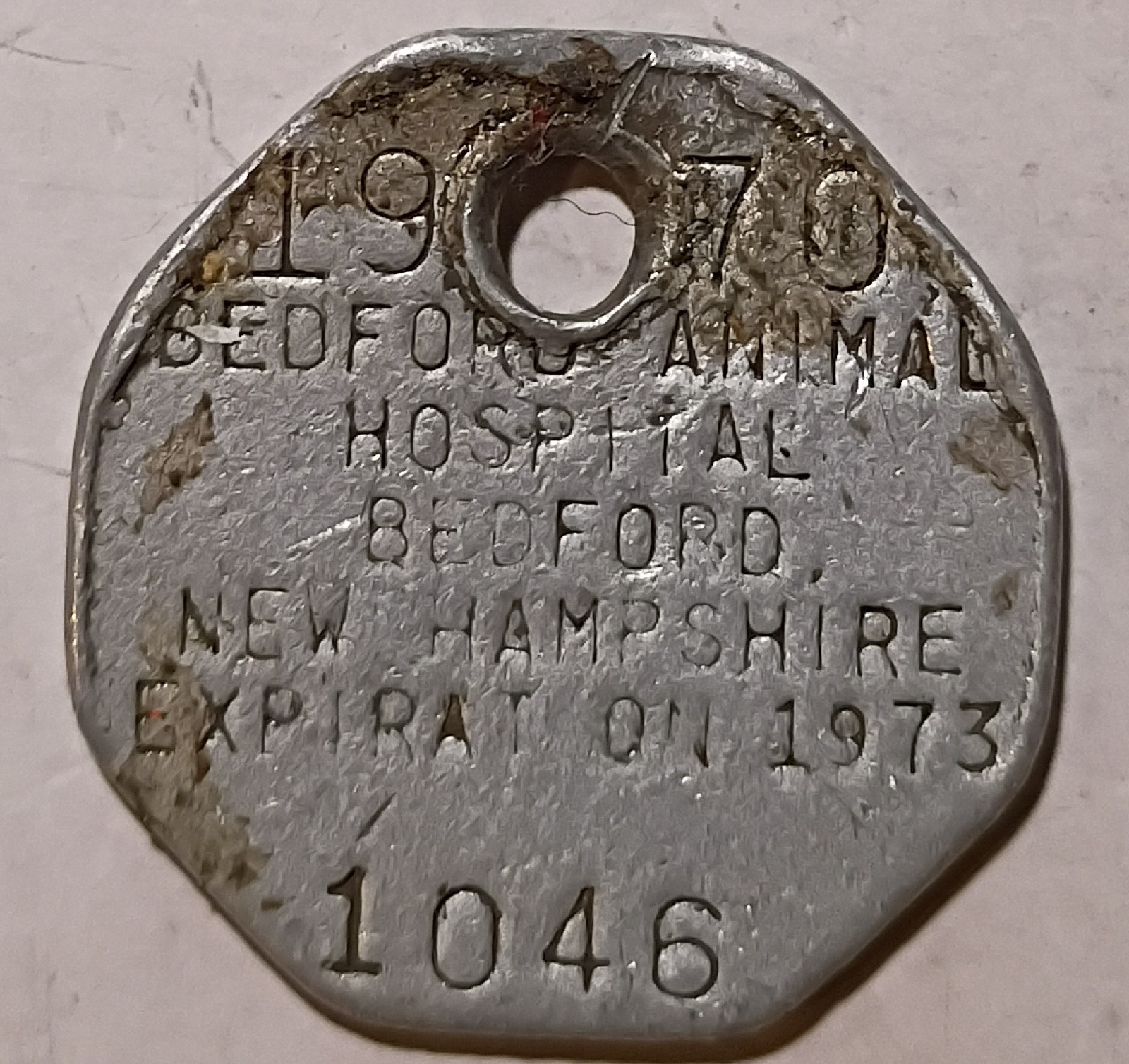 Bedford New Hampshire - 1970 Animal Hospital Dog License #1046 25mm Diameter