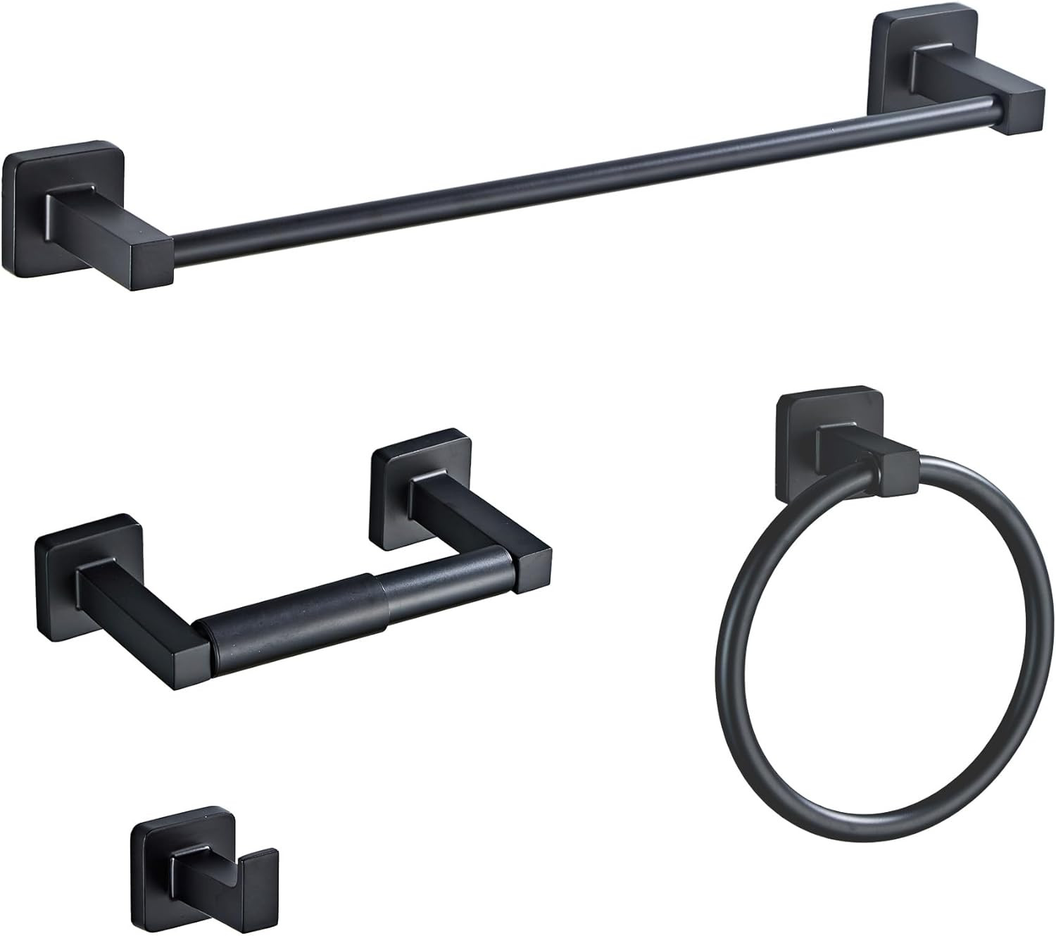 4-Piece Matte Black Bathroom Hardware Set 16” Towel Bar Ring Hook Holder