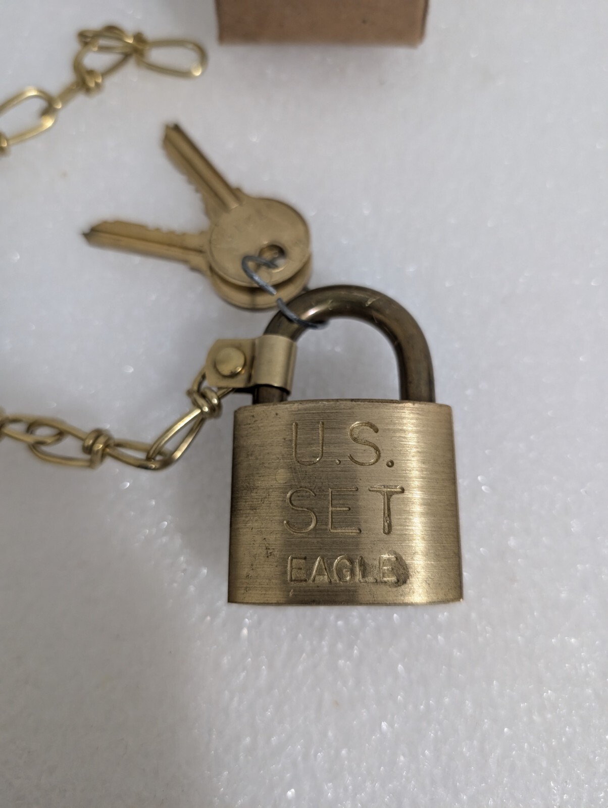 U.S. Eagle Pad Lock Military Issued Solid Brass with Two Keys and Chain Vtg