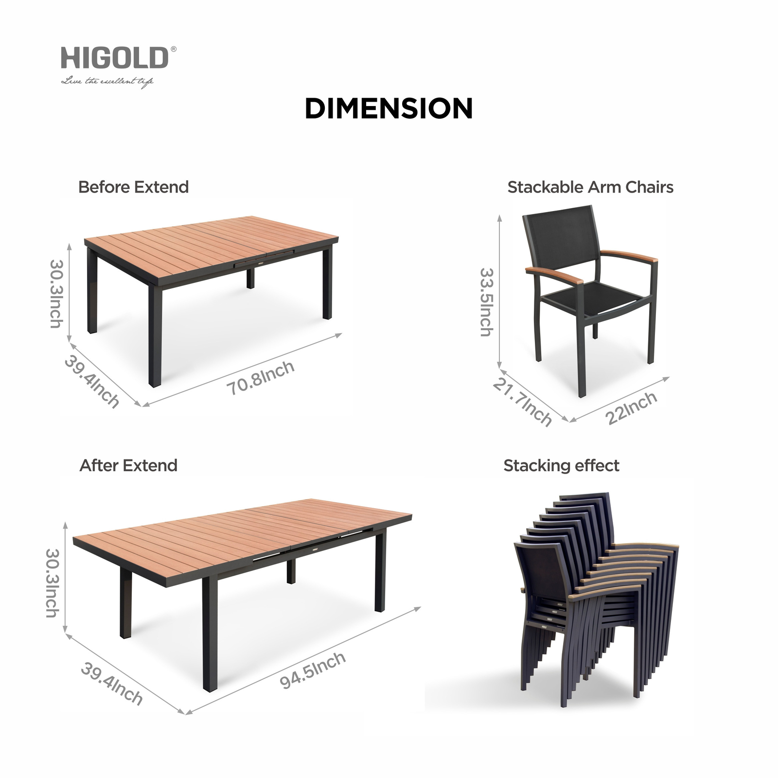 HIGOLD Carlo 8+1 pieces extendable Outdoor Dining set, Faux Wood Slats Tabletop