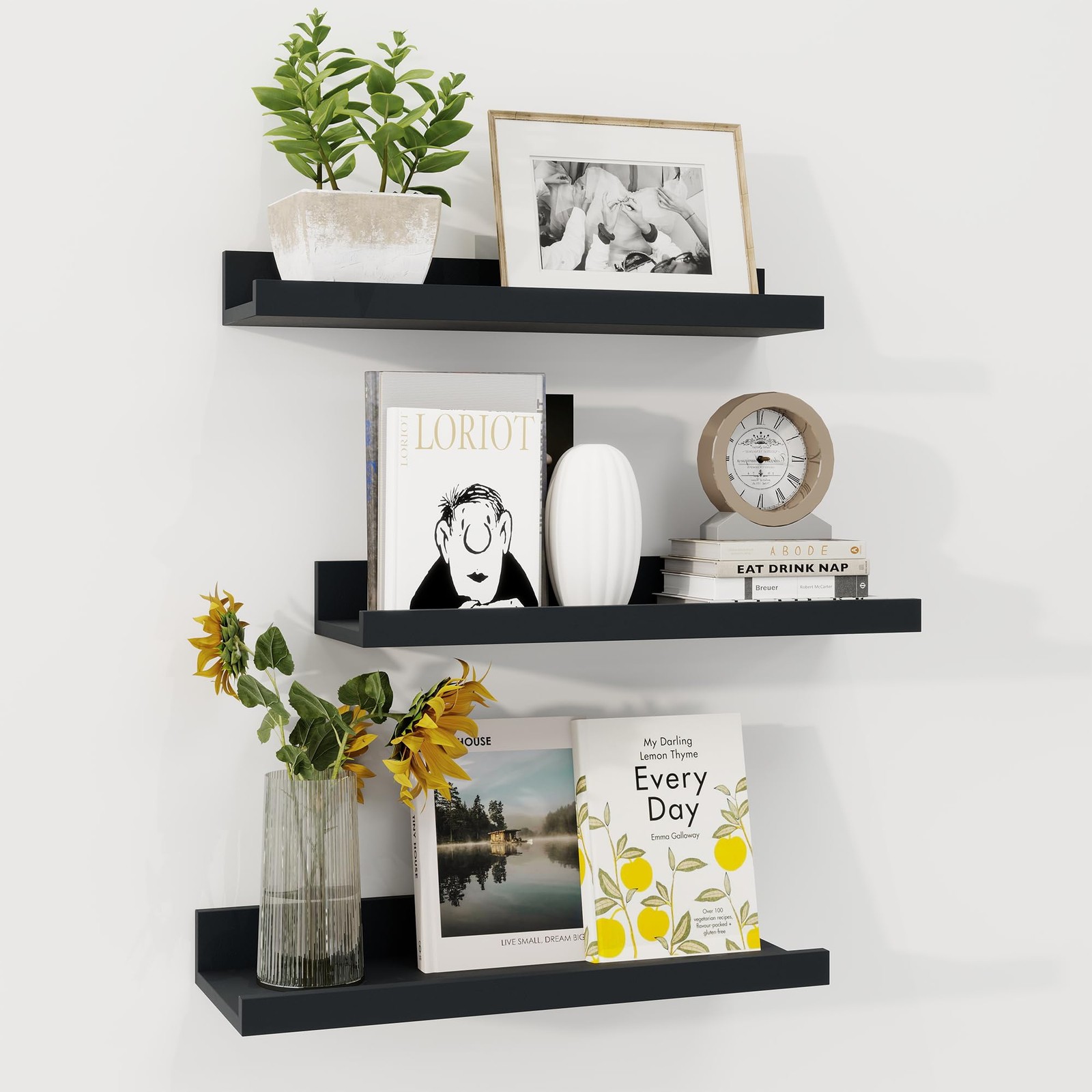 3 PCS Black 16 Inch Floating Shelves Rustic Wood Wall Picture Ledge Display