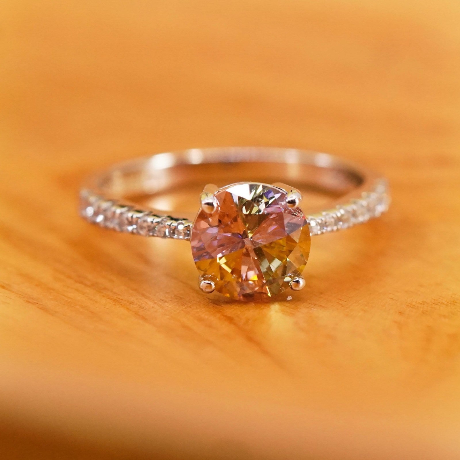 Size 8.5, vintage Sterling 925 silver engagement ring with pink and clear cz