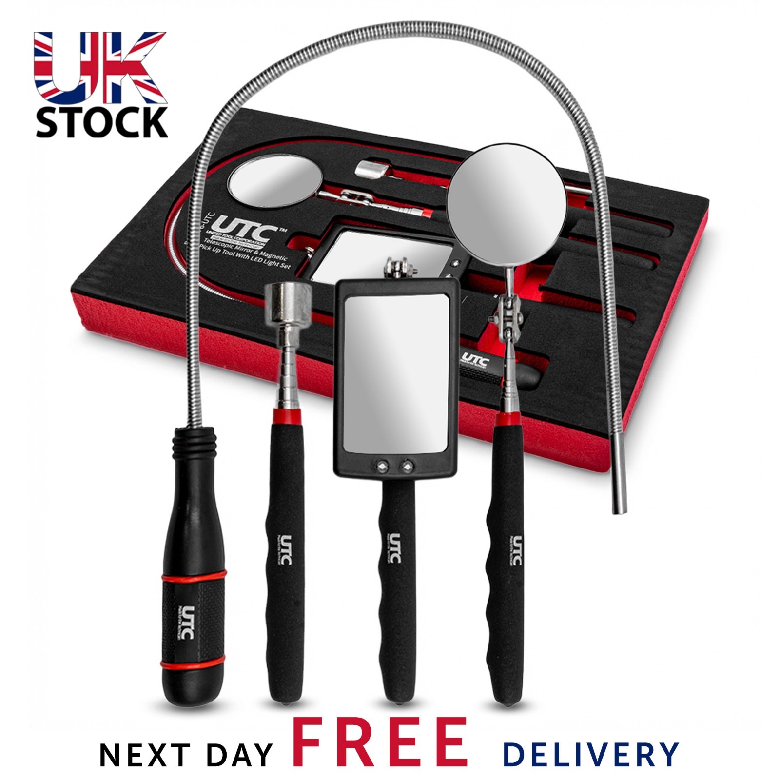 Telescopic Mirror & Magnetic Pick Up Tool Set with LED Light for Garage NEW! UK