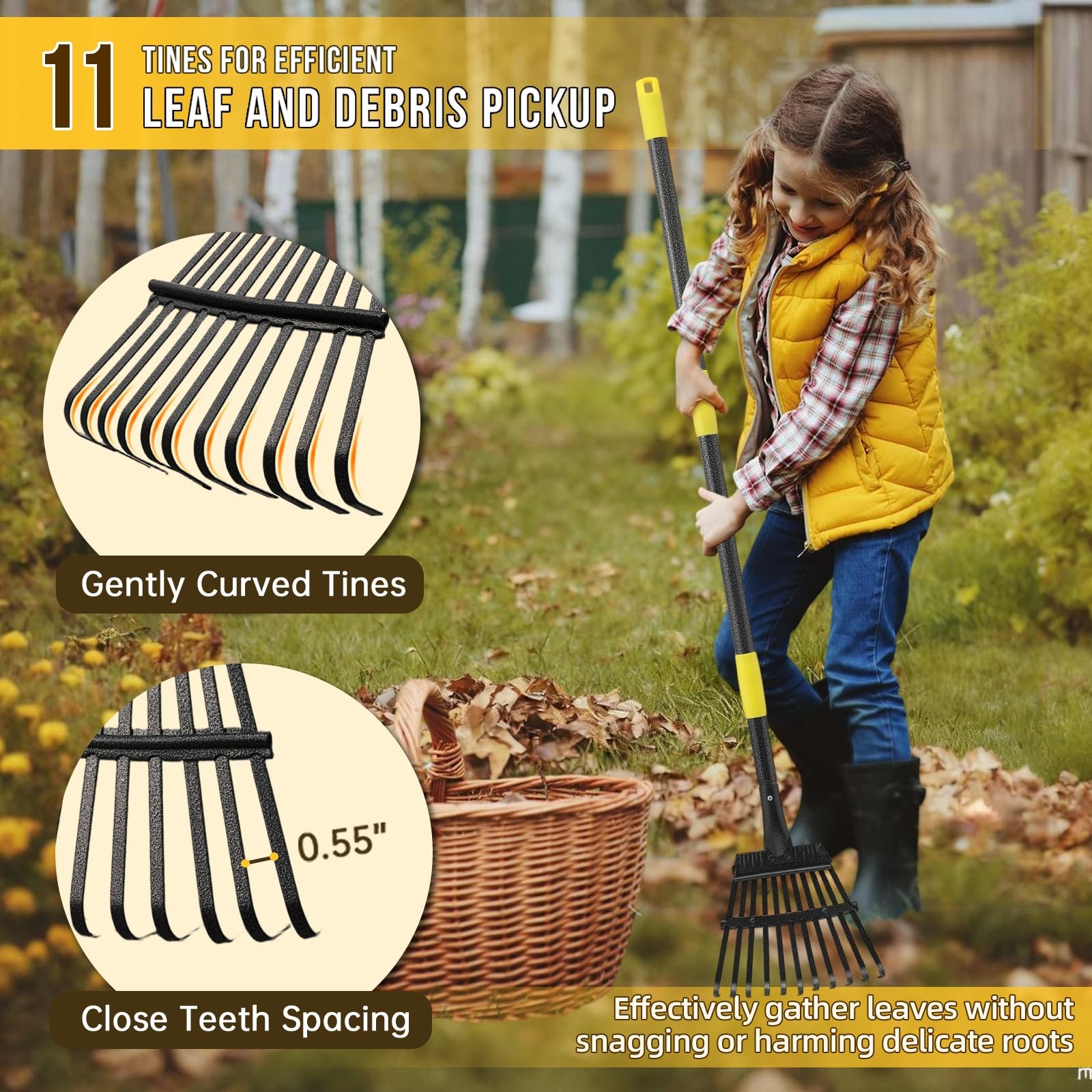 Leaf Rake, Small Rake for Leaves with 30-75 Adjustable Long Handle, 11 Tines ...