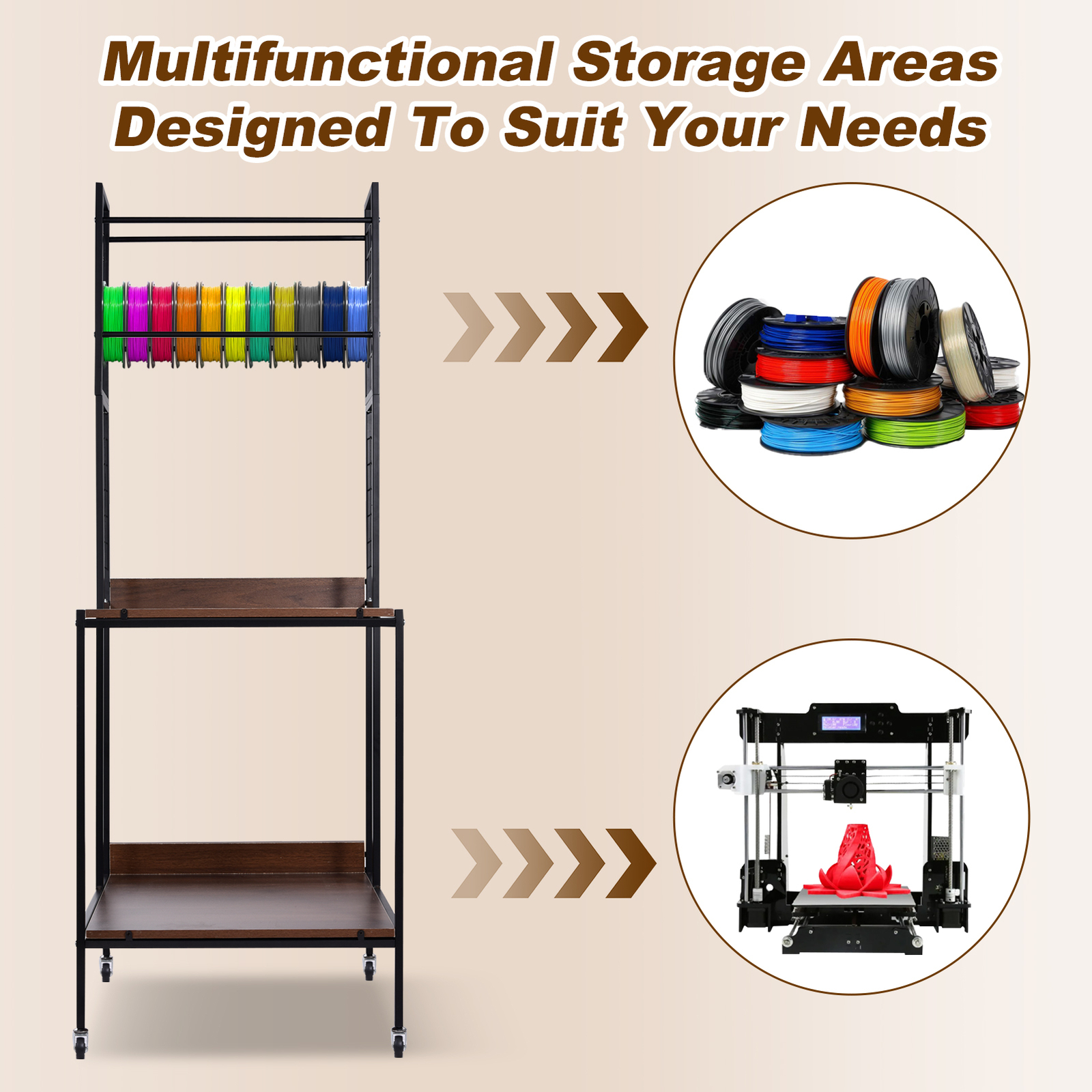 Mobile 3D Printer Stand Double Layer Filament Storage Rack+Wheel