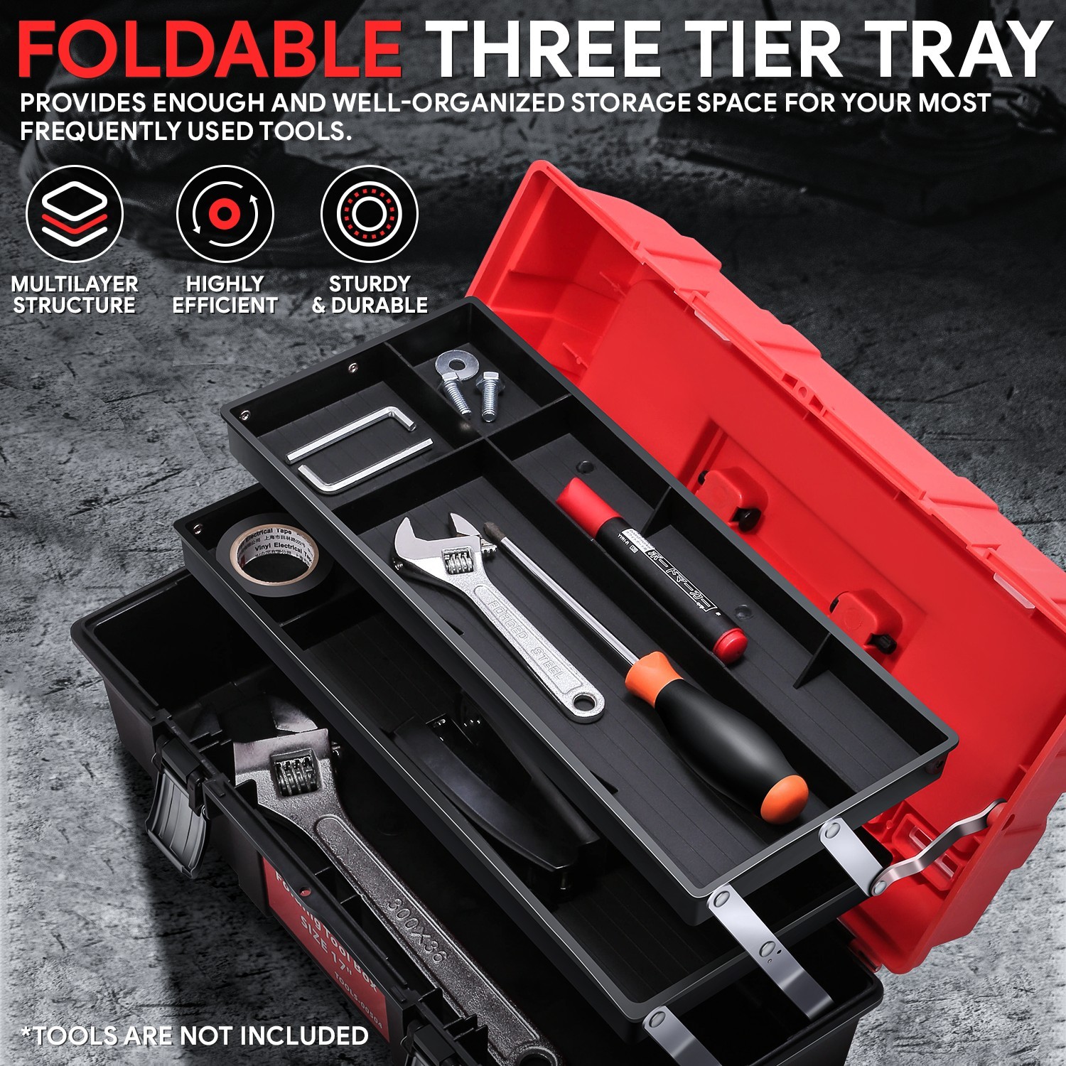 17" 3-Tier Tray Multi-Function Foldable Tool Box Workshop Garage Organize Red