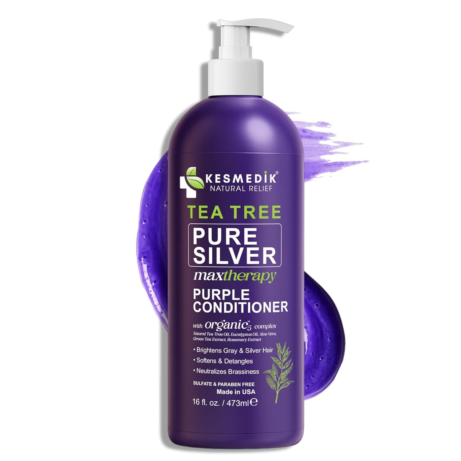 Kesmedik Tea Tree Purple Conditioner 16oz Anti-Brass Toner Blonde Silver Grey
