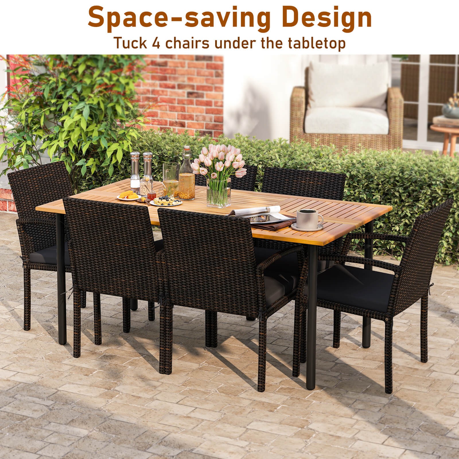 Patiojoy 7-Piece Dining Table Set w/ Dining Table & 6 Armchairs & Soft Cushions