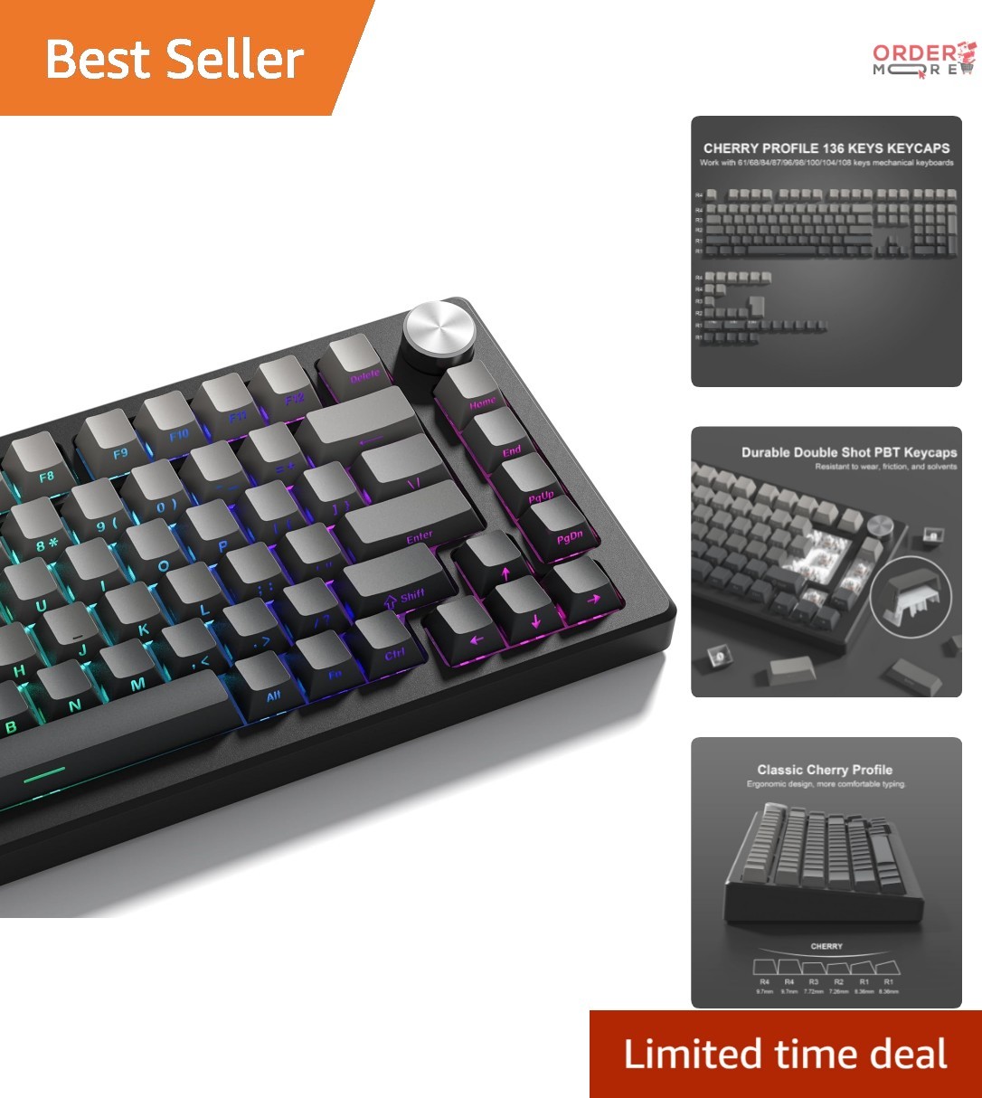 Grey Black PBT Keycap Set 136 Keys Gradient Double Shot Cherry Profile Backlit