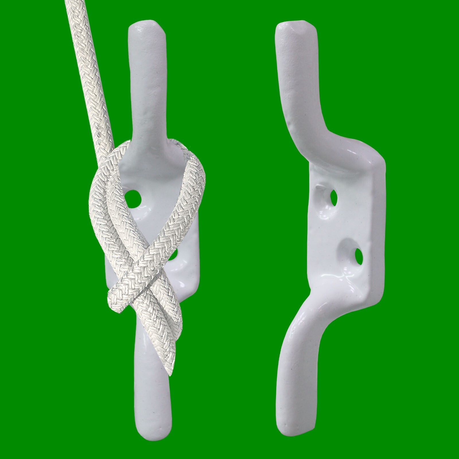 2x 100mm (4") White Cast Iron Cleat Hook, Flag Pole Rope Halyard Washing Line