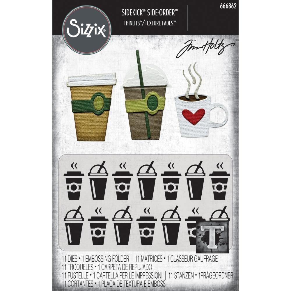 Tim Holtz Sizzix Coffee Die Set + Embossing Folder Cups Whip Cream Steam Straw