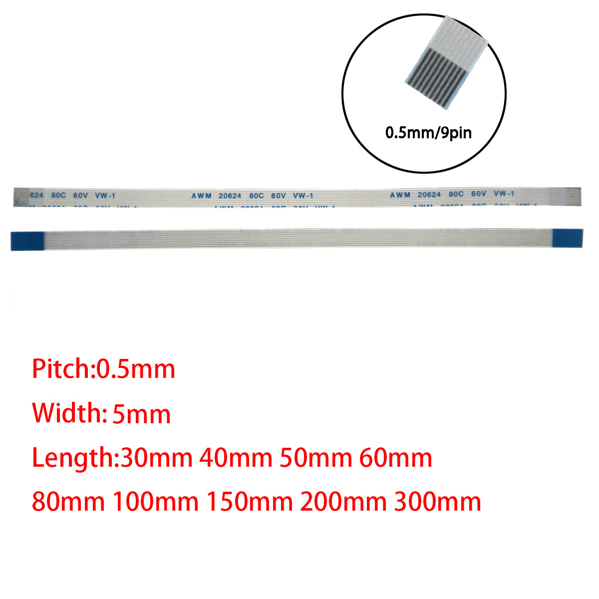 9Pin 0.5mm Pitch FFC FPC Flexible Flat Cable AWM VW-1 20624 80C 60V A B Type