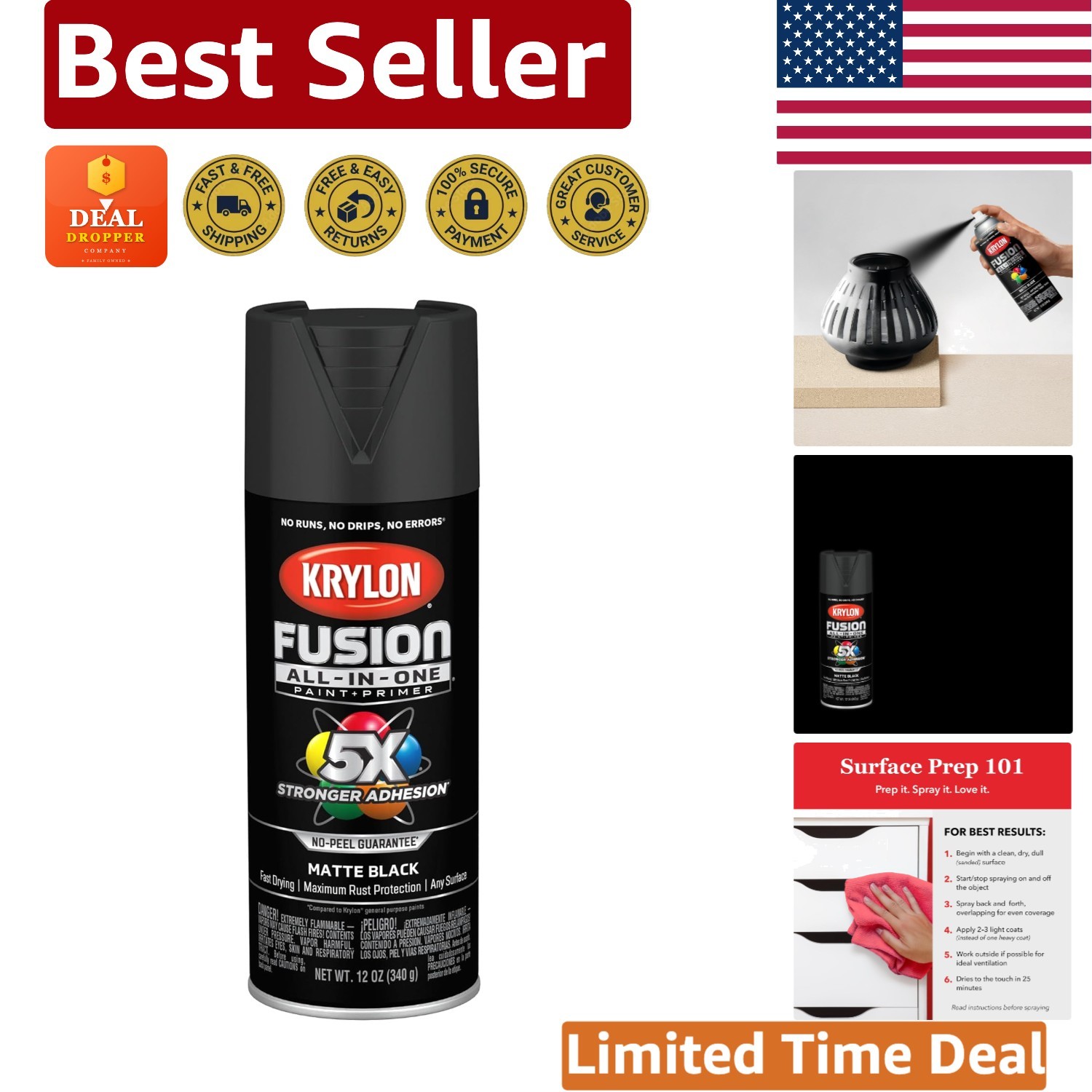 Versatile Fusion Matte Black Spray Paint, 12 oz - Indoor/Outdoor Use, Fast Dry