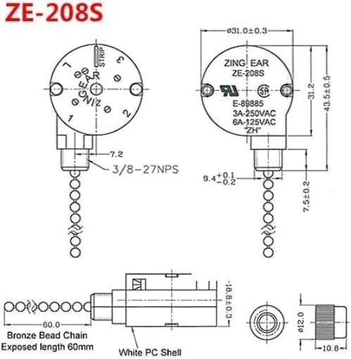Durable 3-Speed Ceiling Fan Switch - E89885 4-Wire Pull Chain with Easy Install