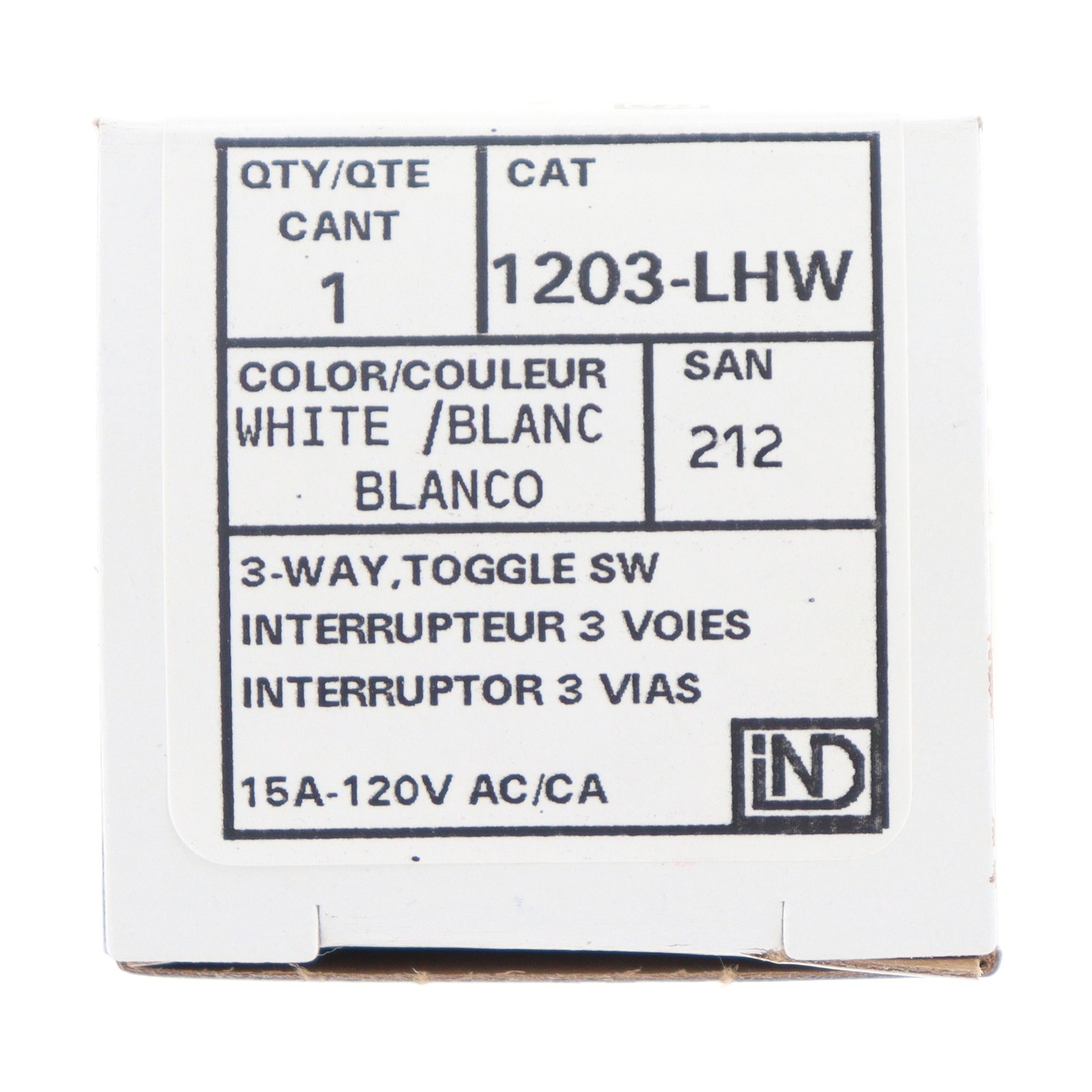 LEVITON 1203-LHW TOGGLE SWITCH, 3-WAY, LIGHTED HANDLE, 15A, 120V, WHITE