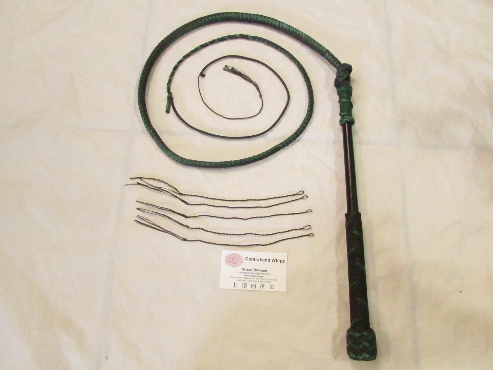 Contraband Whips 4 Foot 8 Plait Nylon Paracord Stockwhip Black and Green
