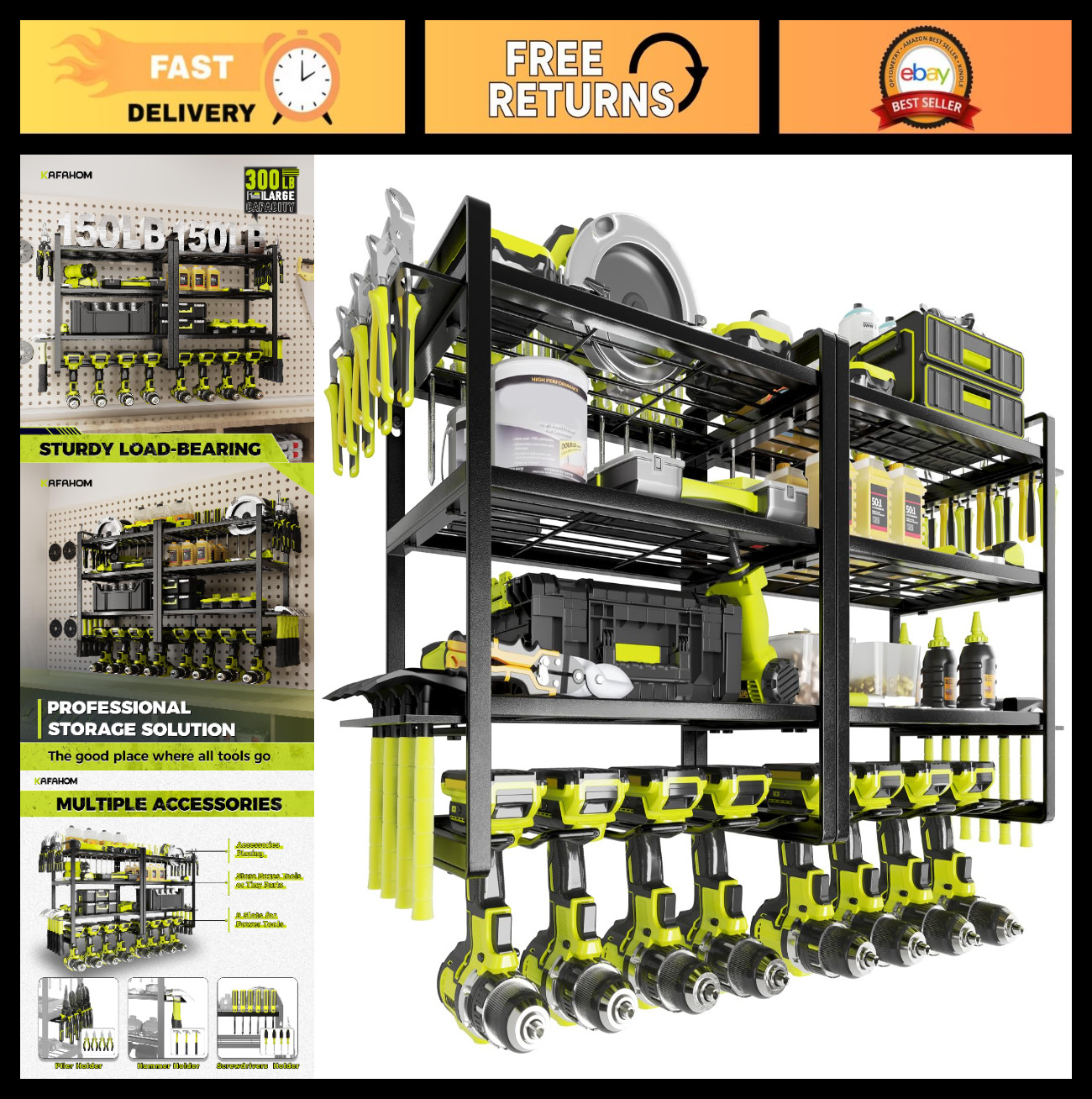 8 Drill Holder Wall Mount - 4 Layer Garage Tool Organizer & Storage Rack, Tool S