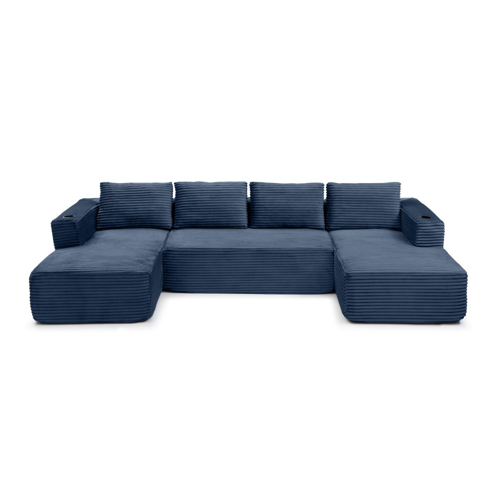 U-Shaped Modular Sectional Sofa w/ Chaise, Corduroy Fabric, Cup Holders, Blue