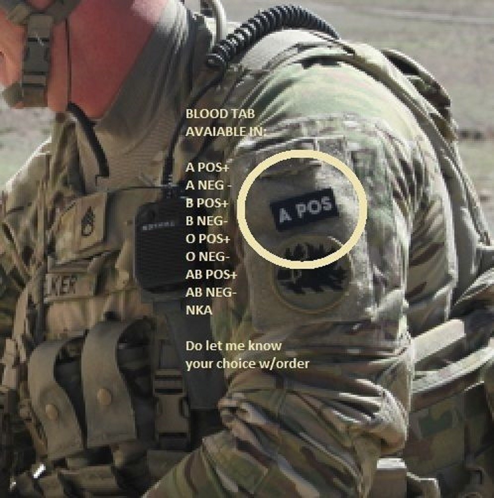 JSOC GREEN BERETS US ADVISORS BLOOD-TYPE 1"X2" burdock-hook B- NEGATIVE 3-TAB