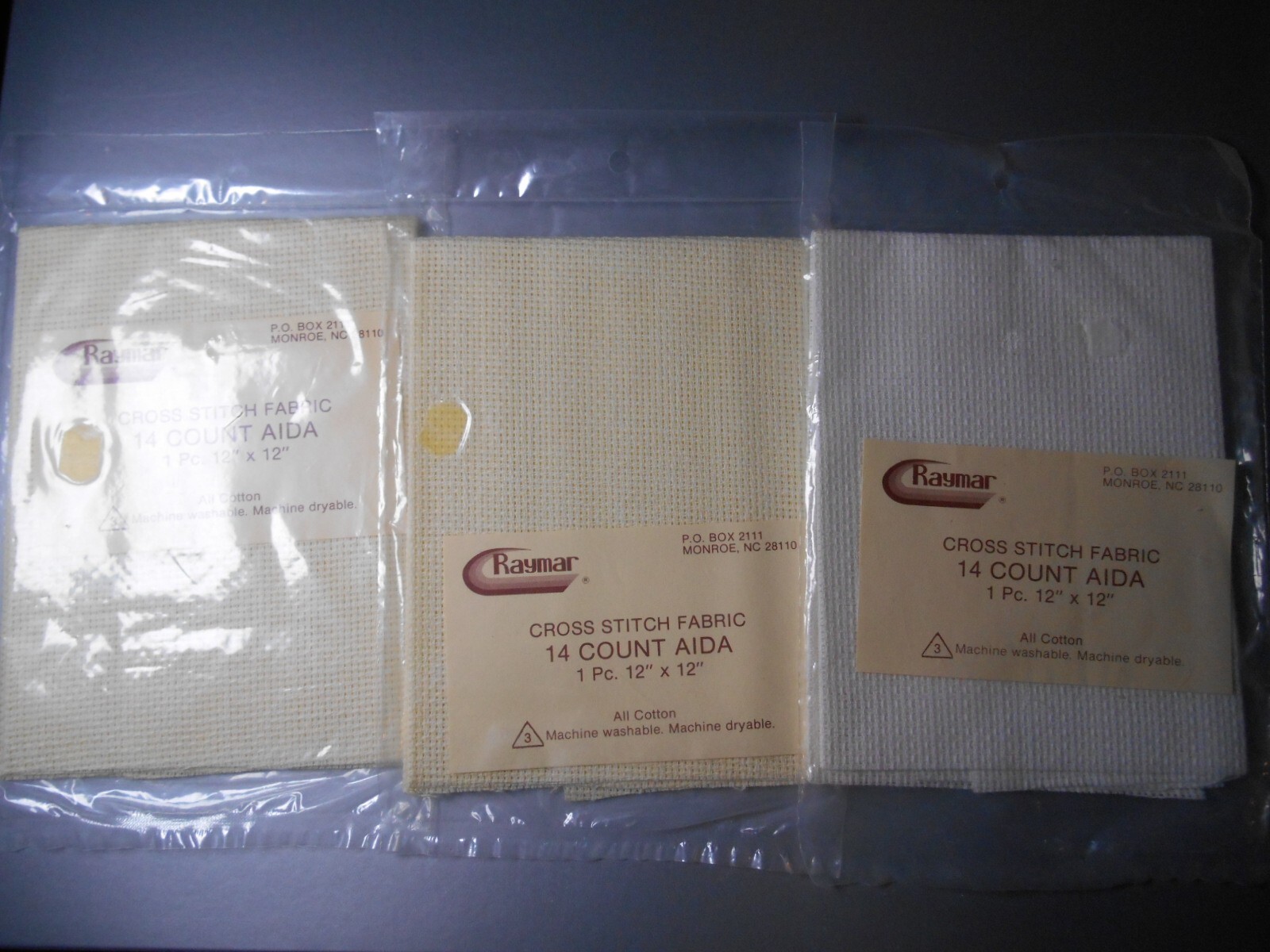3 AIDA Cloth 14 Count Cross Stitch Fabric  White & Ivory 12" x 12" Cotton Raymar