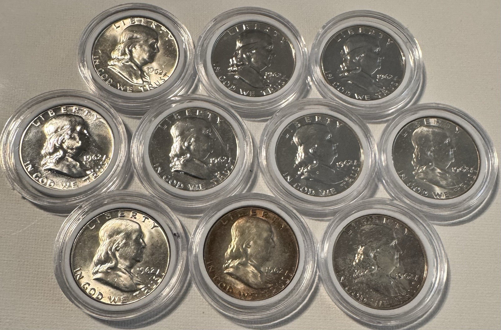 US Coins Silver, Lot Of 10, 1962 Franklin Half Dollars, Uncirculated