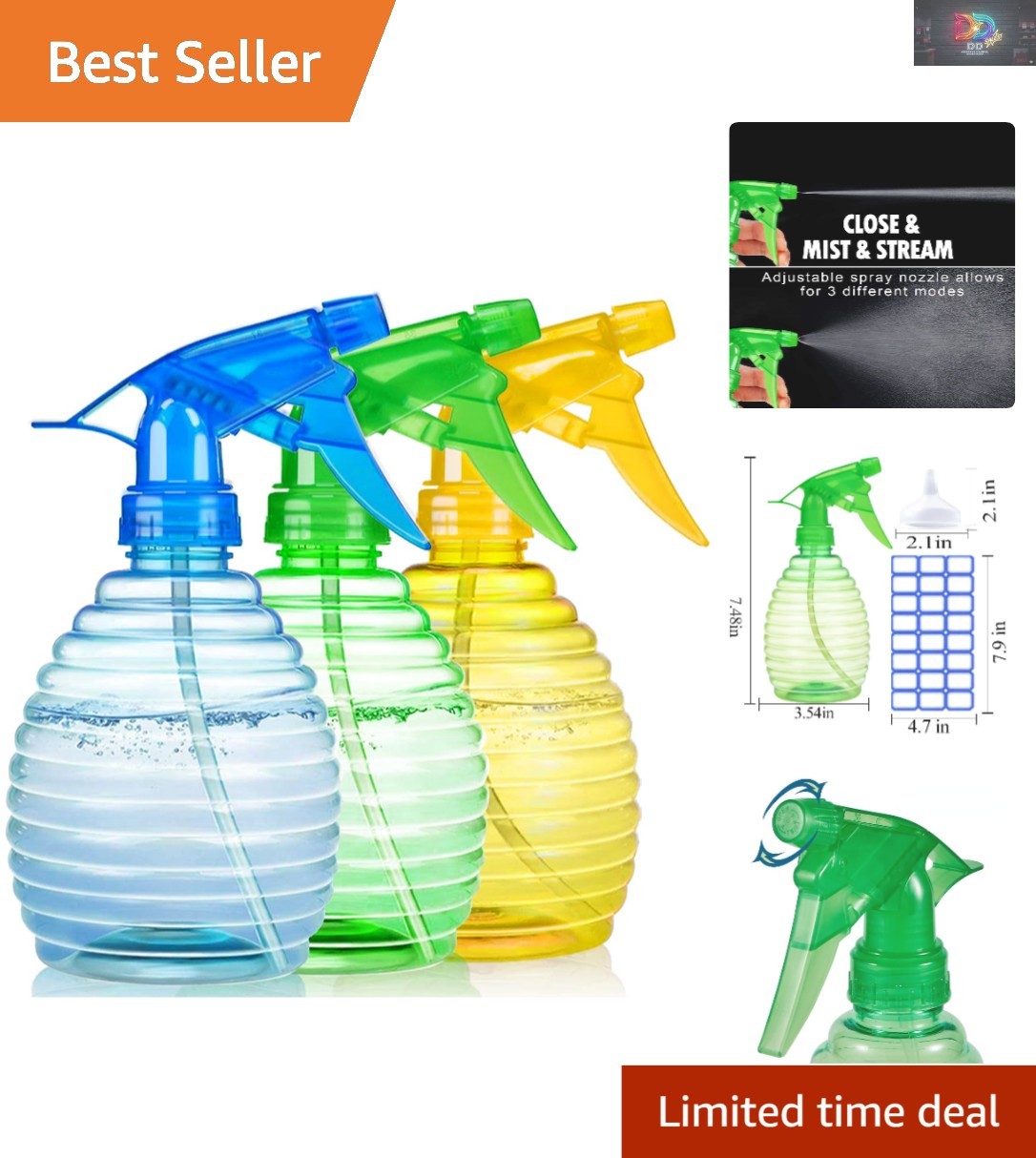 Colorful 3-Pack 16 oz Spray Bottles with Labels & Funnel