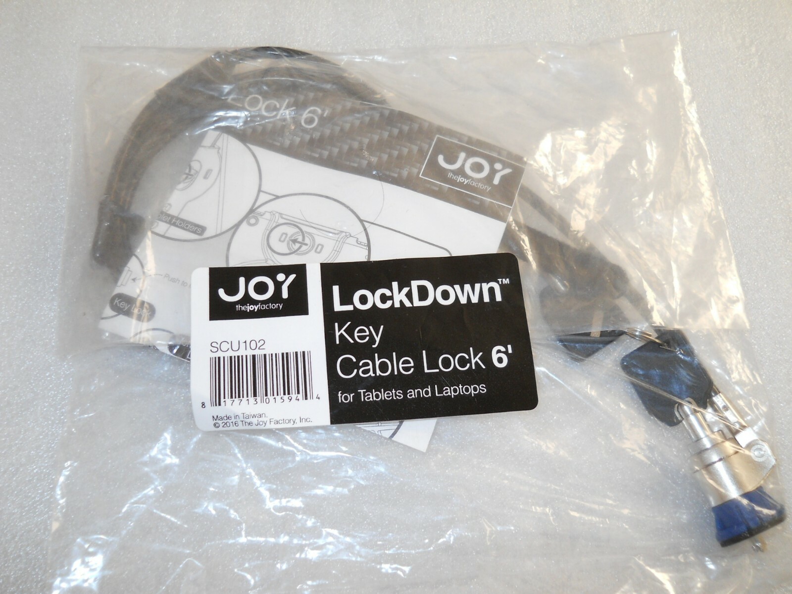 The Joy Factory LockDown Key Cable Lock 6' for Tablets and Laptops (scu102), NEW
